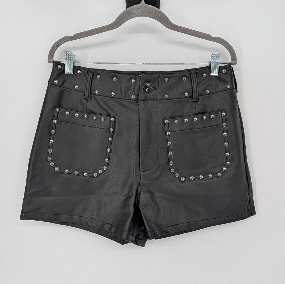 NWT Anthropologie Maeve Colette Studded Black Faux Leather Shorts | Size 29 Moto